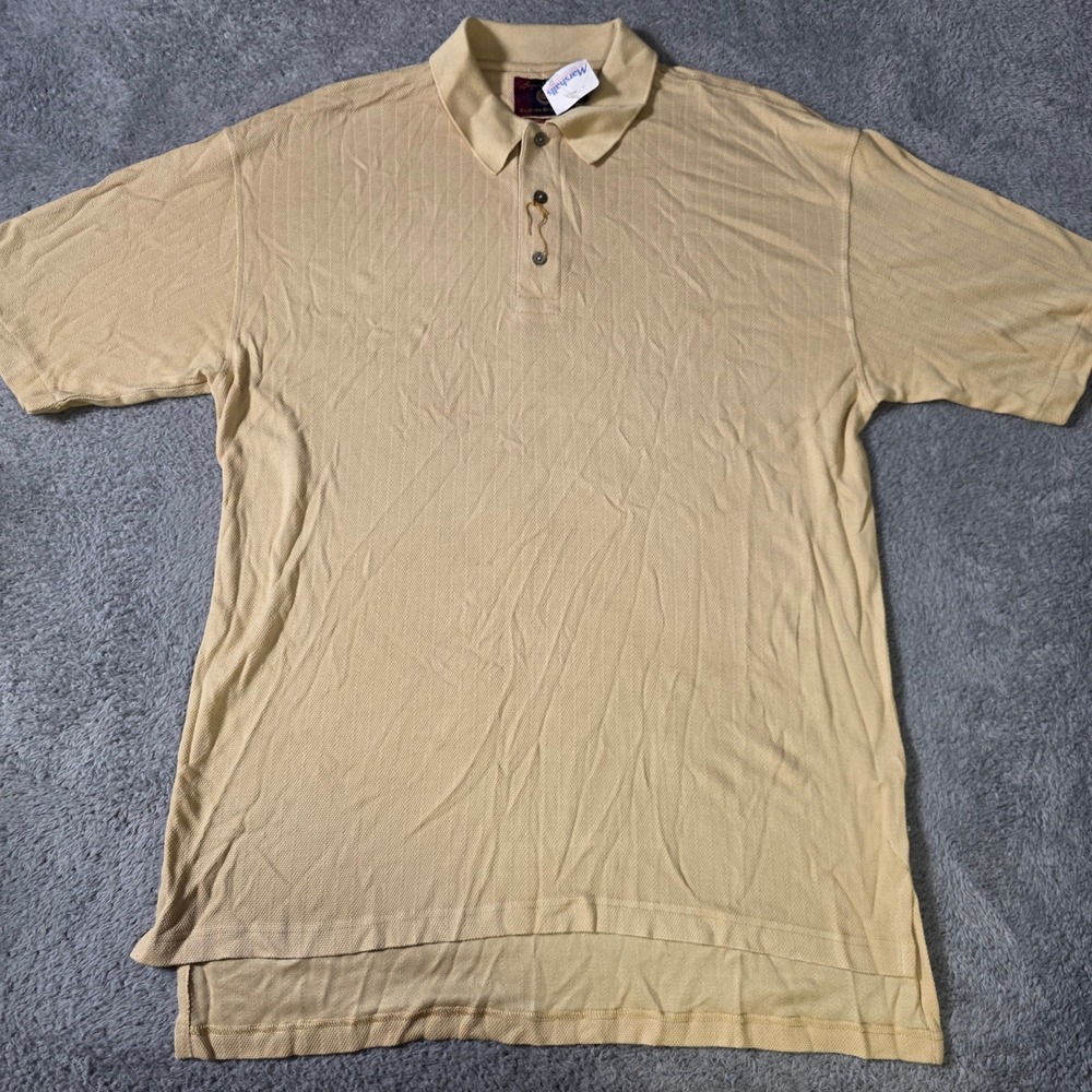 Byron Nelson Mens Large Polo Shirt Yellow 100% Silk Textured Eleven Straight